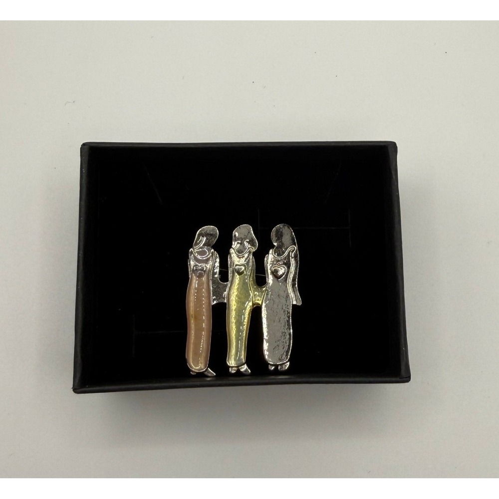 Three Sisters Best Friends Brooch Silver Tone Enamel Hearts Friendship Pin